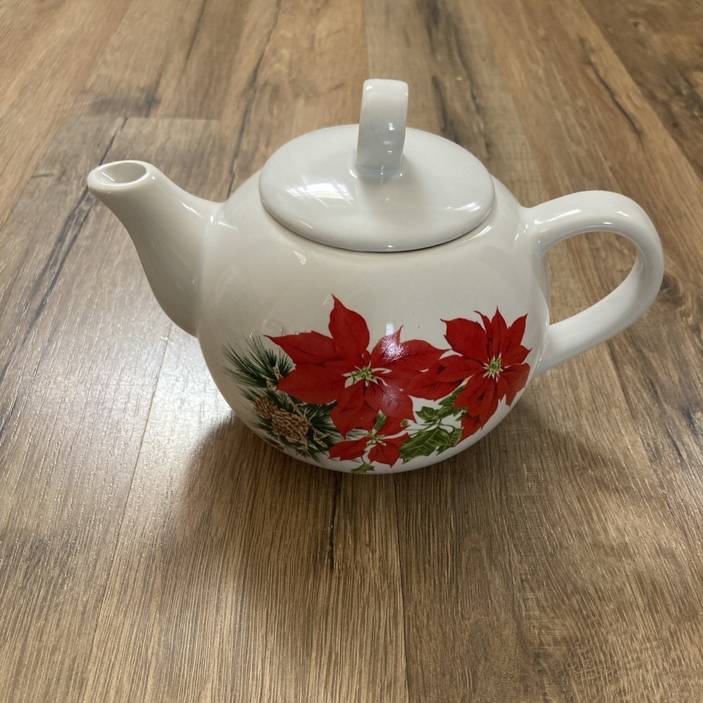 Christmas Poinsettia Tea Pot Ceramic Vintage Russ Holiday‎ Decor W/ Box
